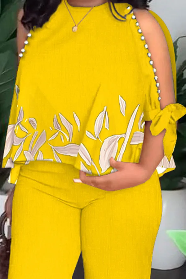 Leaf Print Elegant Beaded Decor Pant Suit