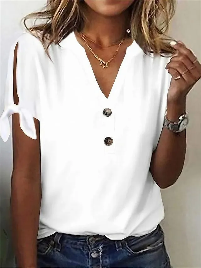 Women's T shirt Tee Modal Plain Casual Daily White Pink Blue Button Cut Out Short Sleeve Fashion Basic V Neck Regular Fit Summer Spring