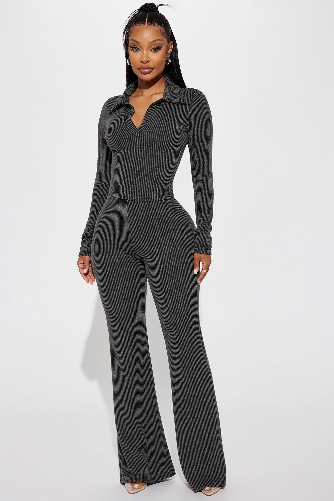 Josie Ribbed Long Sleeve Set - Charcoal