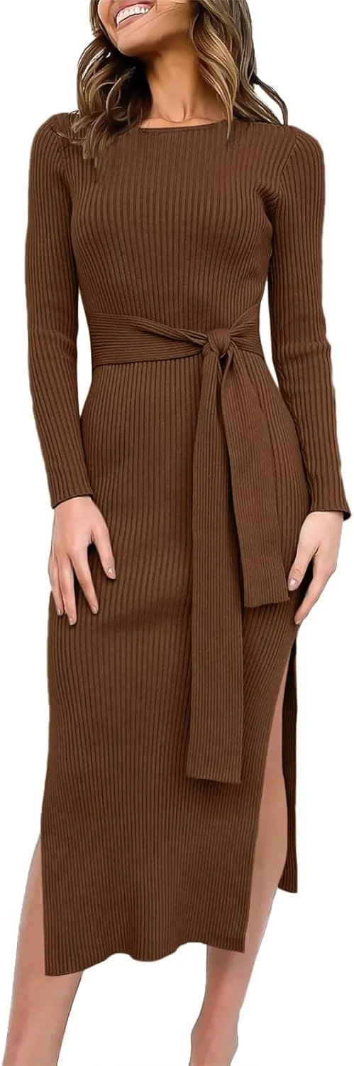 Long Sleeve Sweater Dress Crew Neck Slim Fit Slit Tie Waist 2024 Ribbed Knit Bodycon Midi Dress Fall Outfits