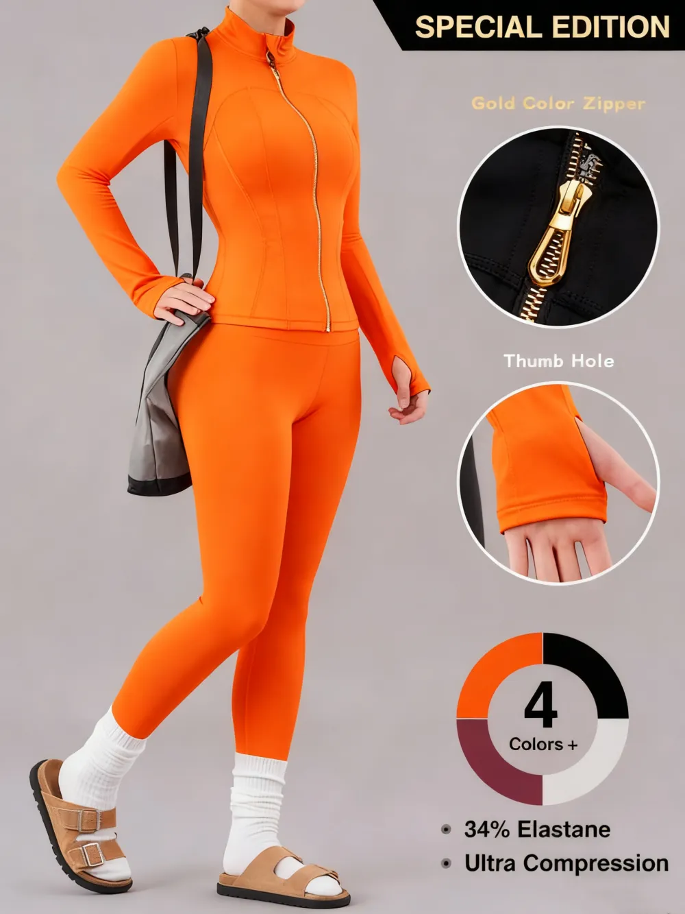 Women's Solid Zip Up Jacket & High Waist Leggings Tracksuit Set