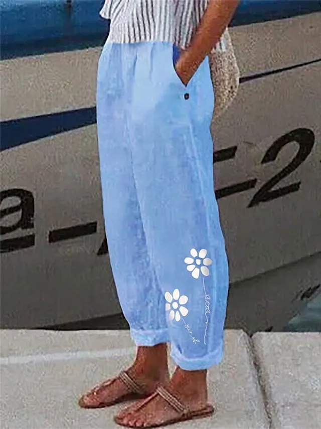Women's Linen Pants Pants Trousers Baggy Full Length Faux Linen Side Pockets Baggy Fashion Christmas Casual Daily Xmas Blue Green S M