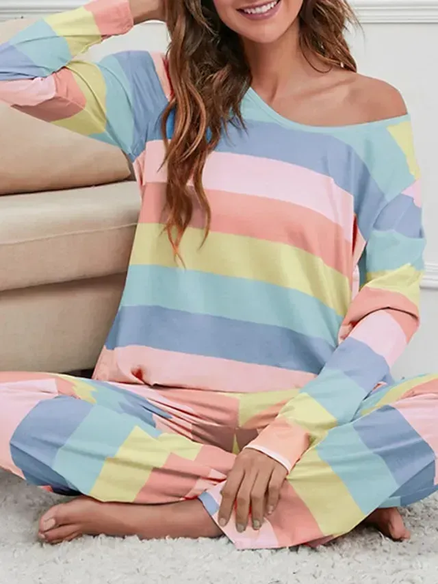 Women's Plus Size Pajamas Sets Nighty Pjs 2 Pieces Rainbow Stripe Fashion Comfort Soft Home Daily Bed Cotton Breathable V Wire Long Sleeve T shirt Tee Pant Fall Spring Blue Yellow