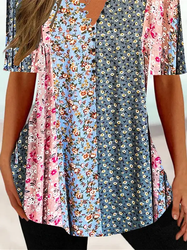 Women Half Sleeve V-neck Floral Printed Button Tops