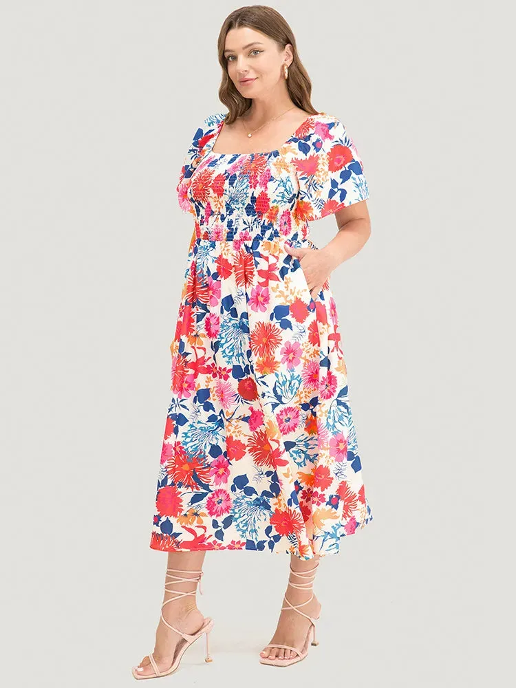 Floral Backless Shirred Square Neck Pocket Ruffle Hem Dress