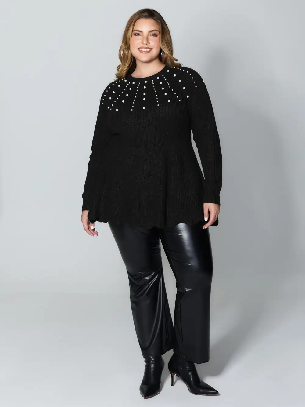 Pearl Detail Cinched-Waist A-Line Pullover