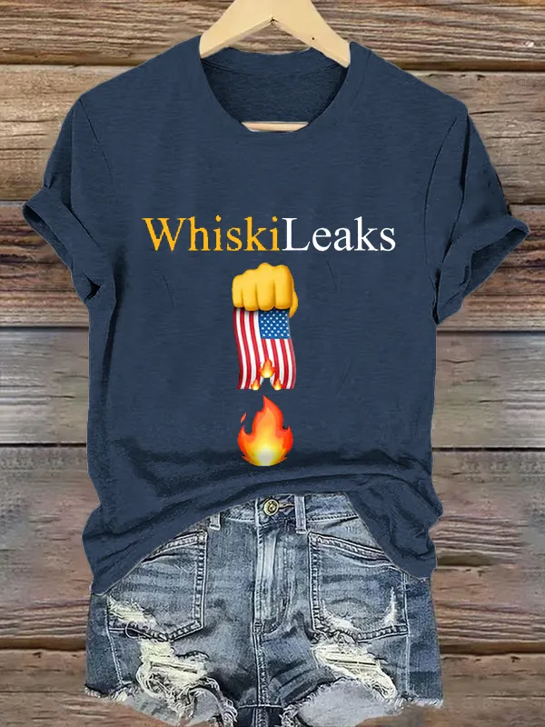 Retro Whiskileaks Fist Flag Fire Print T-Shirt