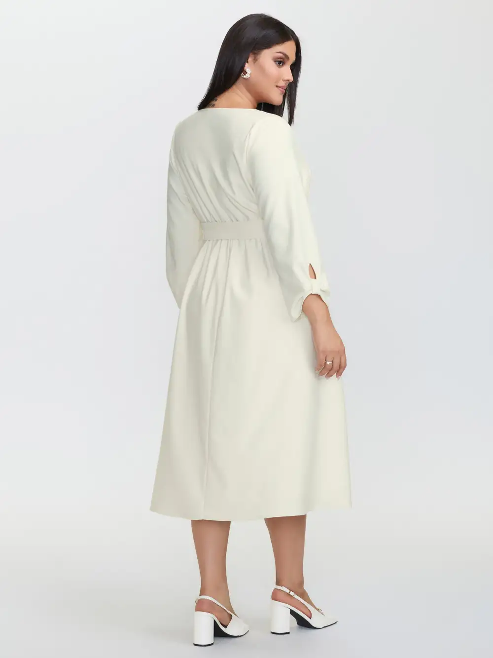 Pleated Split Neck Waist-Tie Maxi Dress