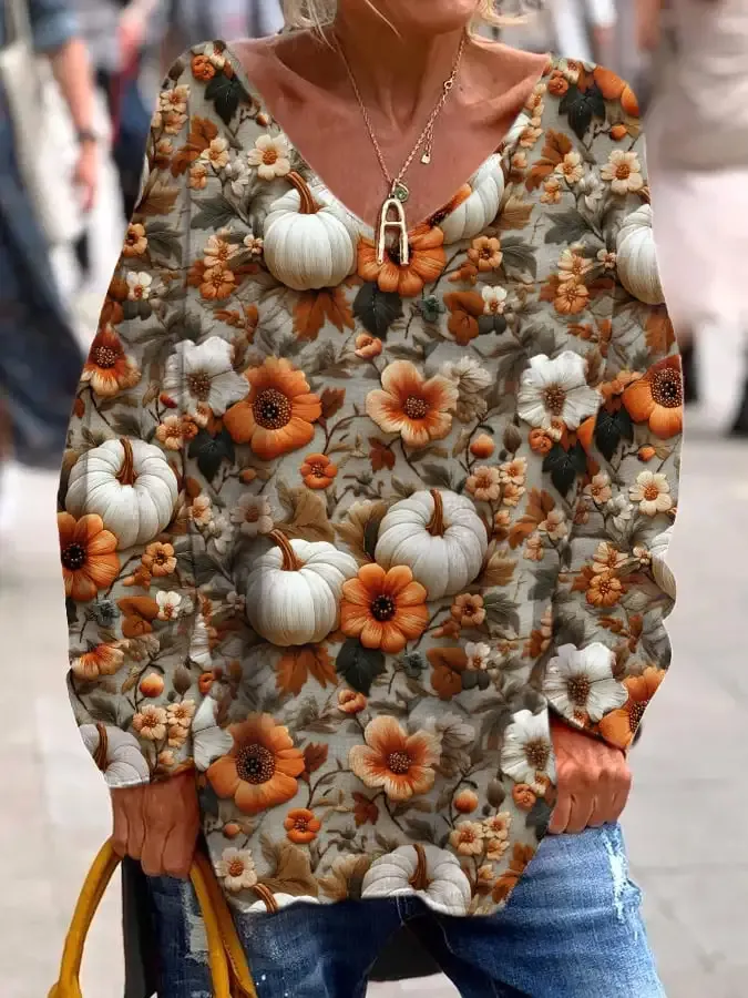 Women's Pumpkin Print Casual T-shirt