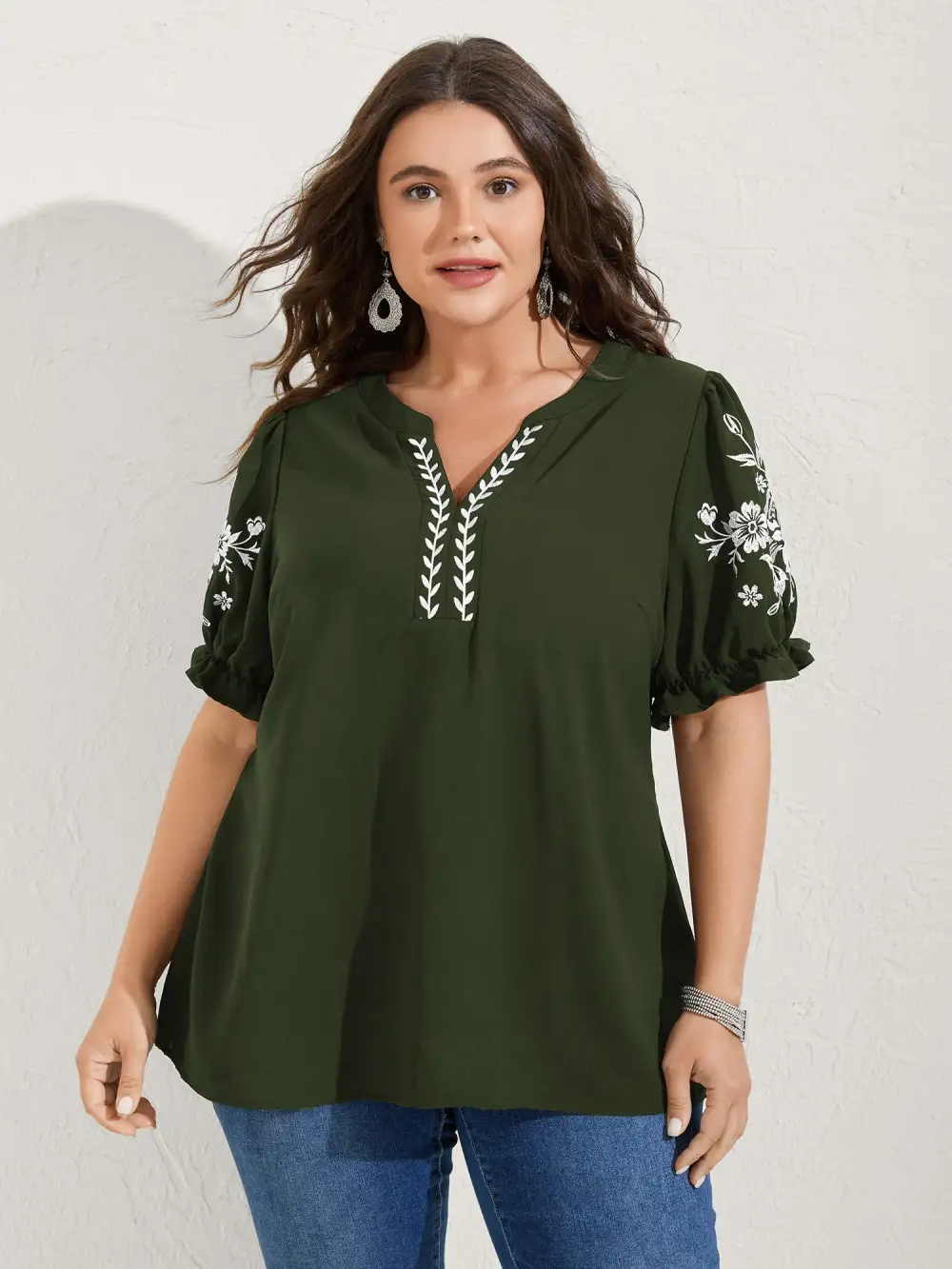 Notched Collar Embroidered Ruffled Blouse