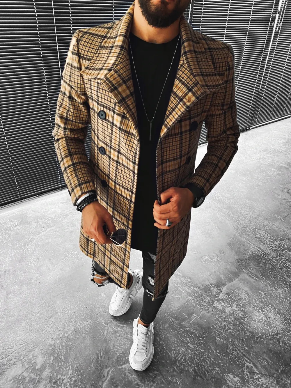 Street Fashion Casual Plaid Texture Slim Long Sleeve Coat