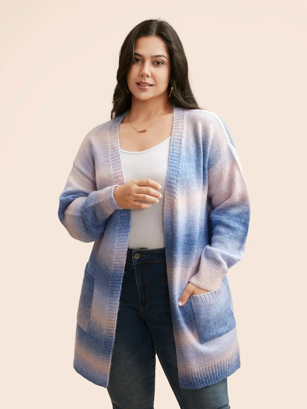 Ombre Kimono Collar Patched Pocket Cardigan