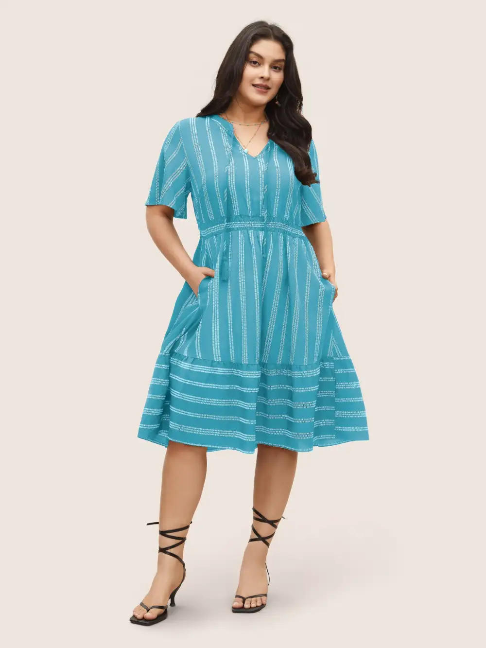 Striped Patchwork Tassels Ties Shirred Dress