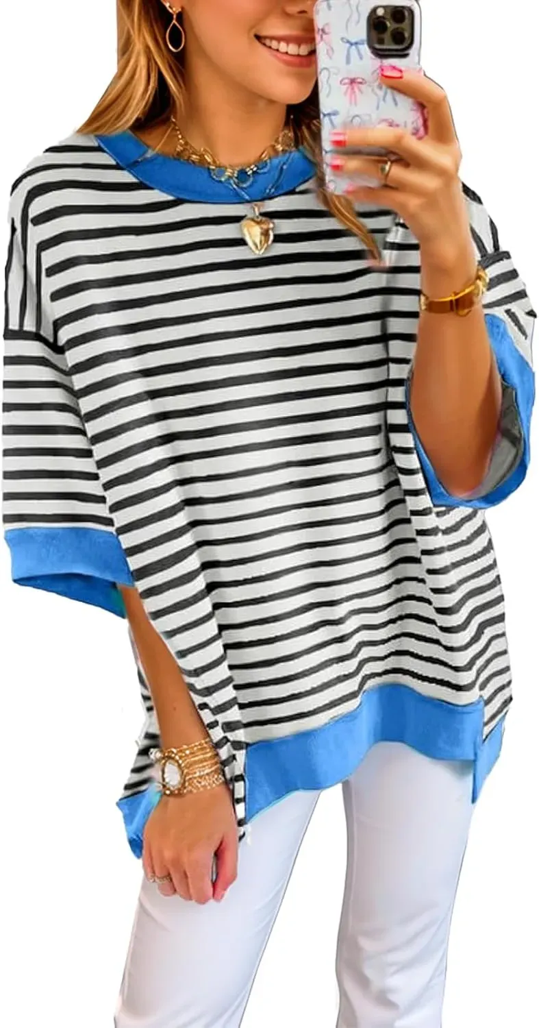 ✨Womens Oversized Striped Color Block Casual Half Sleeve Tops