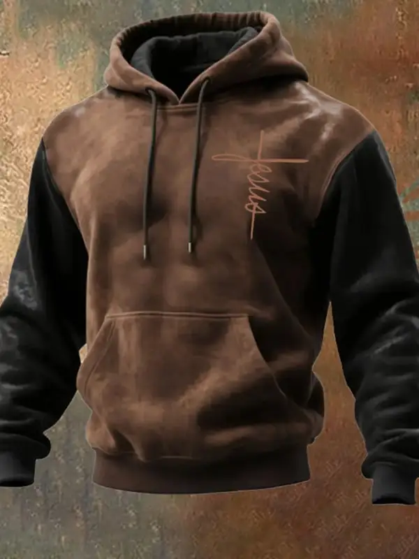 Men'S Casual Retro Contrast Color Faith Long-Sleeved Hooded Sweatshirt
