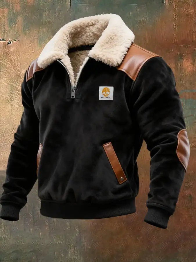 Men's Vintage Suede Leather Zipper Fur Collar Sweatshirt