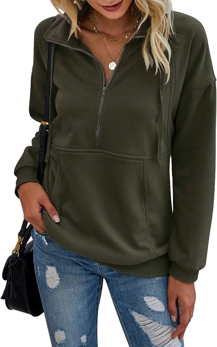 Women's Casual Long Sleeve Lapel Zipper Sweatshirt Drawstring Loose Pullover Tops