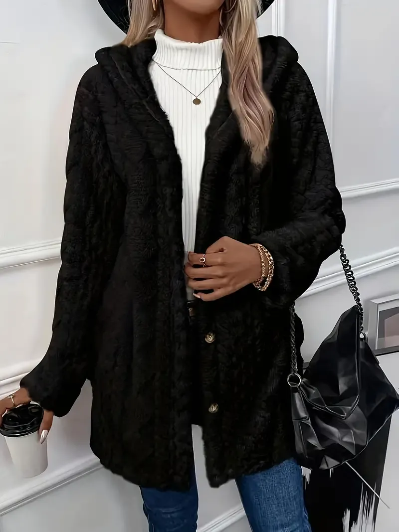 Luxurious Faux Fur Teddy Coat - Elegant Long Sleeve Split Side Hooded Outwear for Women - Soft, Warm, and Chic Winter Clothing