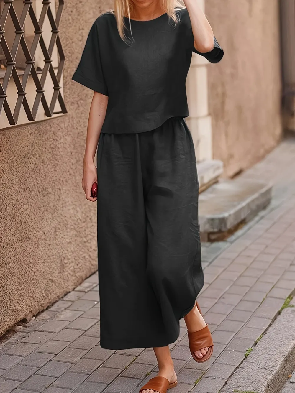 Two-piece Set, Solid Crew Neck Casual T-Shirt & Wide Leg Pants