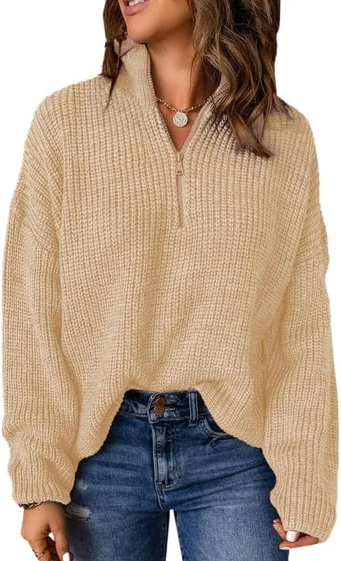 Womens Sweaters Long Sleeve 1/4 Zip Pullover Polo V Neck Dressy Casual Tops