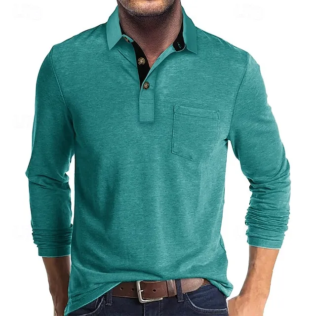 Men's Casual Solid Lapel Button Pocket Golf Polo Shirt