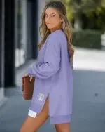 Long Sleeve Pullover Sweatshirt Zipper Slit Casual Dress