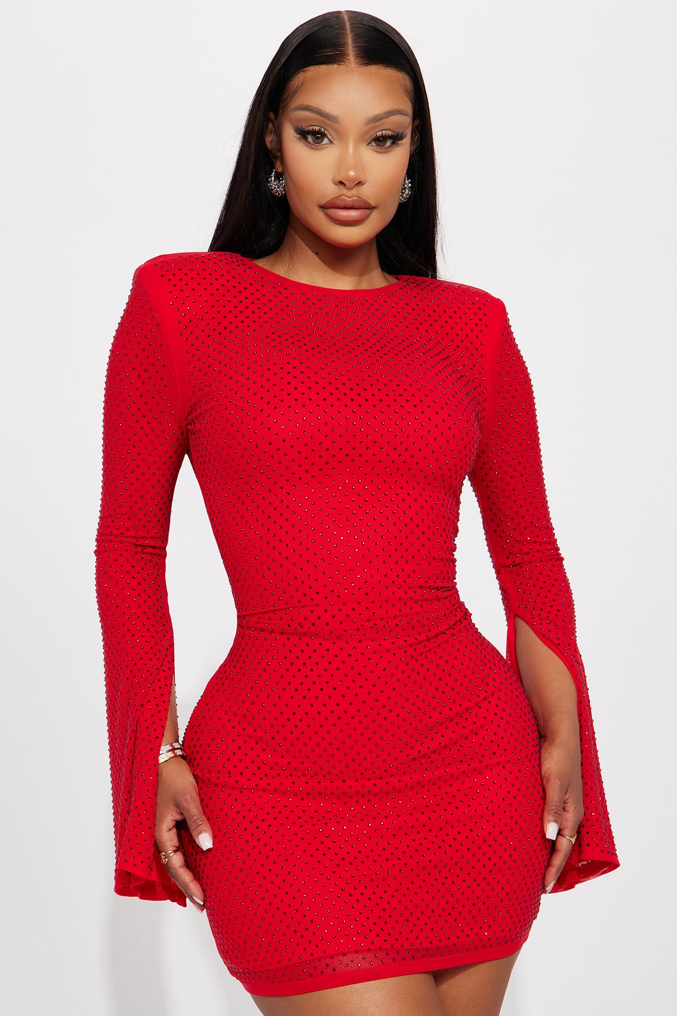 Sarah Rhinestone Mesh Mini Dress - Red