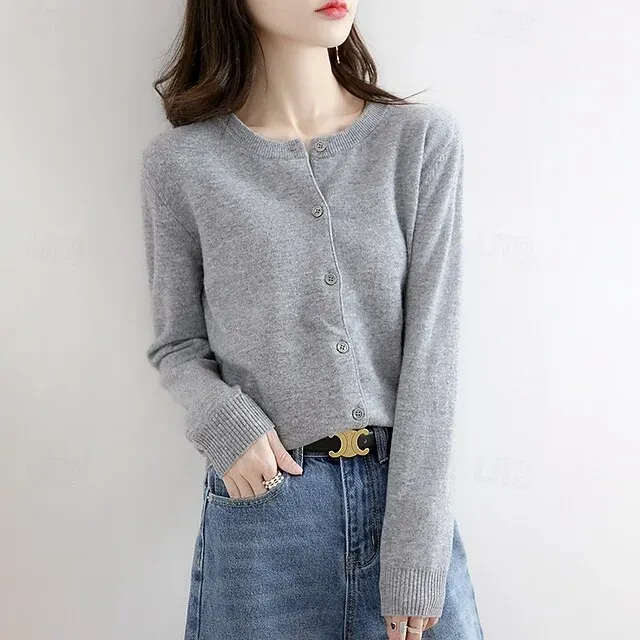 Women's Sweater Cardigan Streetwear Casual Solid Color Crew Neck Buttons Knitted Long Sleeve Regular Tops Knit Holiday Going out Weekend Black White Fall Winter