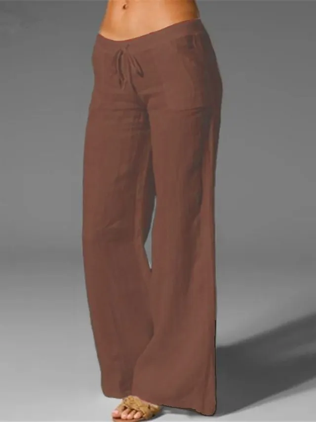 Women's Wide Leg Chinos Cotton Linen Baggy Mid Waist Black Summer