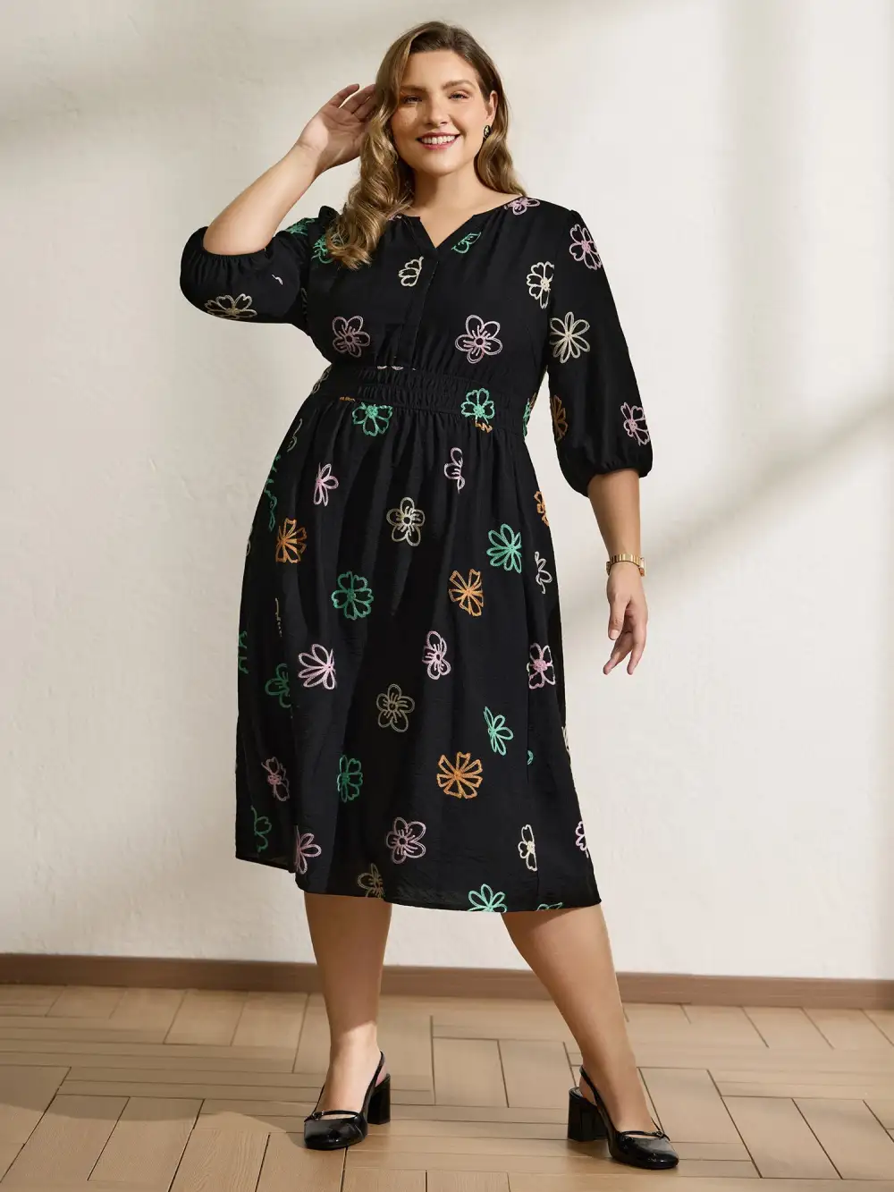 Colorful Embroidered Waist-Defining Midi Dress