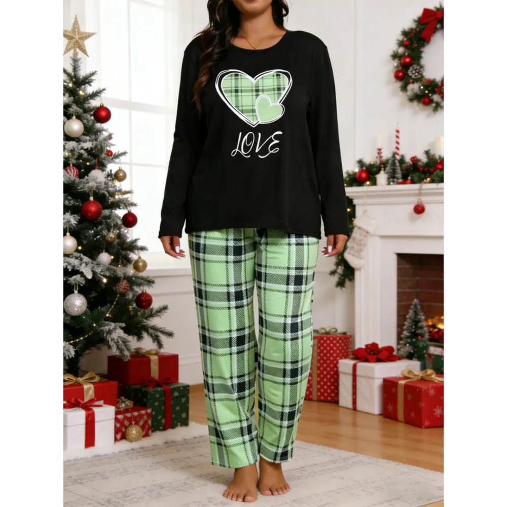 Two-piece Set Long Sleeve Heart Print Tee & Plaid Print