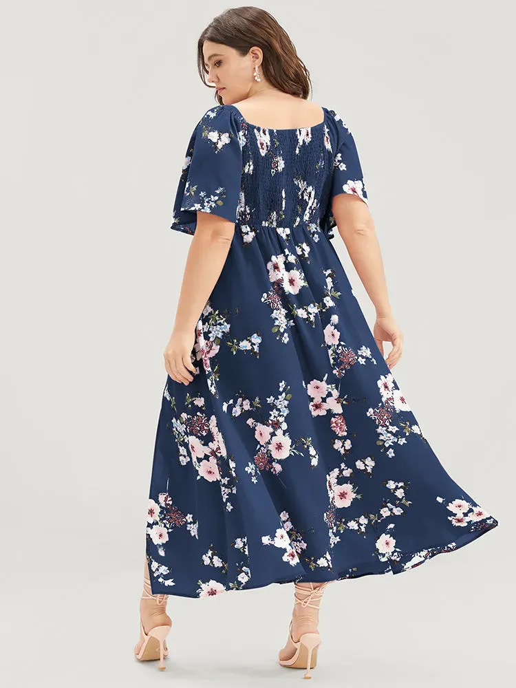 Floral Square Neck Ruffles Pocket Shirred Split Dress
