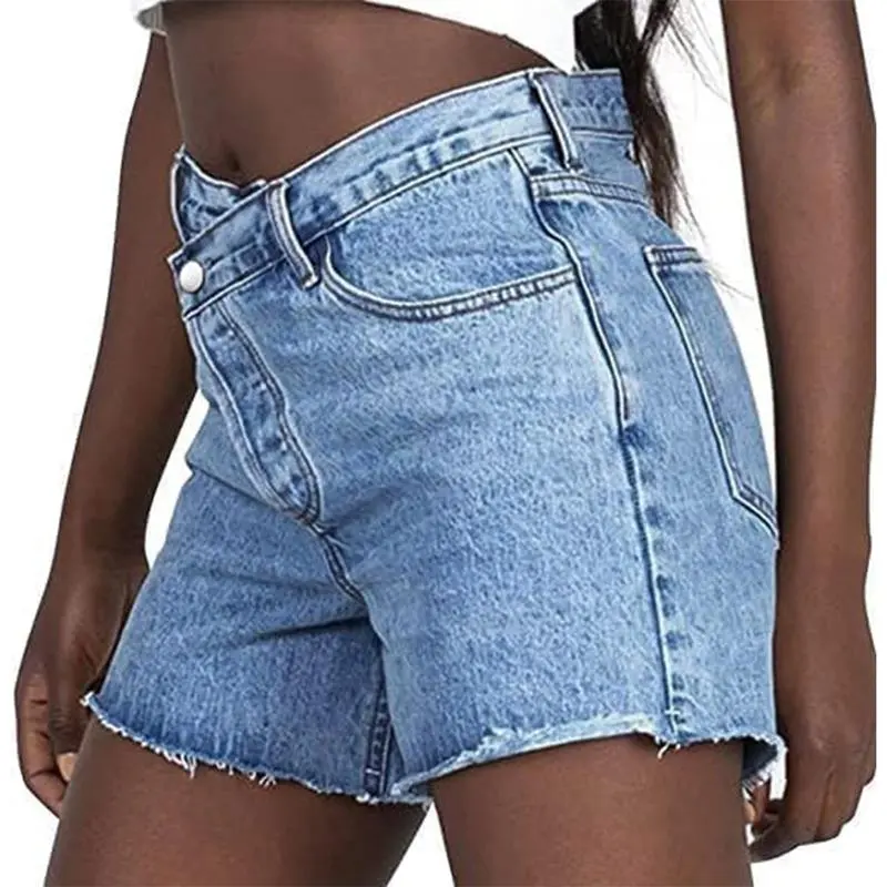 Women's High Waisted Crossover Denim Shorts – Stretchy Casual Summer Jean Shorts, Streetwear Boyfriend Style