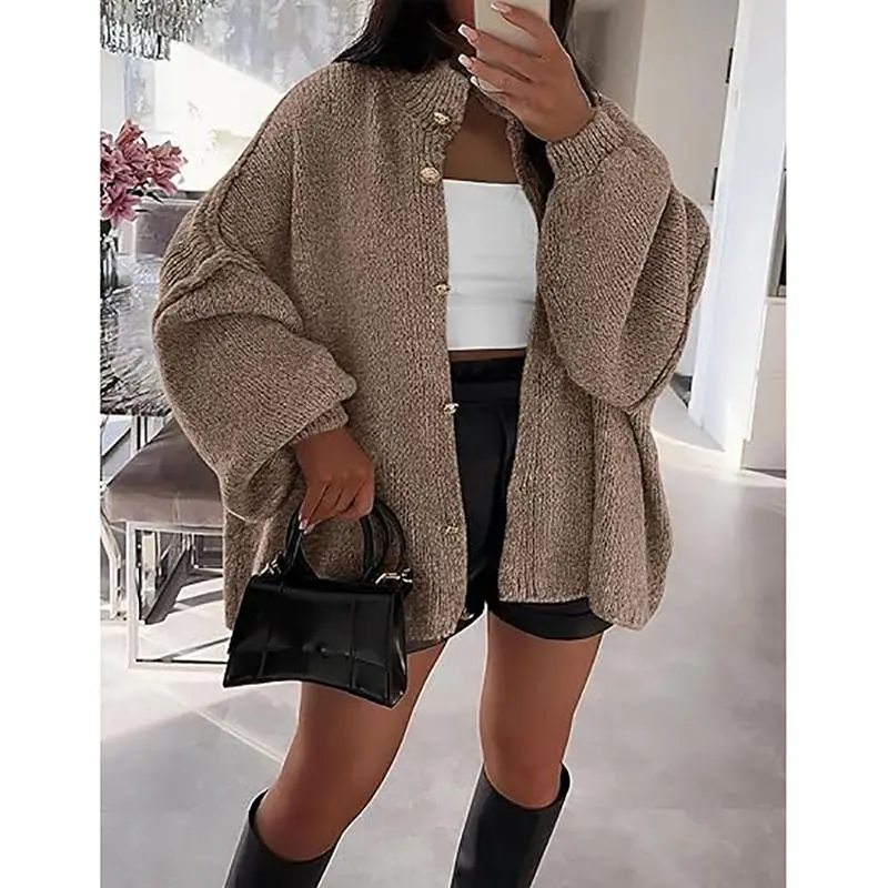 Women's Winter Button Down Cardigan Sweaters Mock Neck Lantern Long Sleeve Chunky Knit Jacket Trendy Outerwear