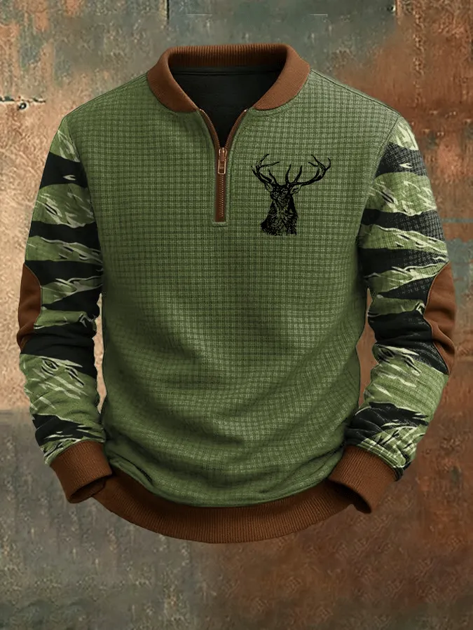 Men's Vintage Western Elk Print Jacquard Zip-Up Sweatshirt