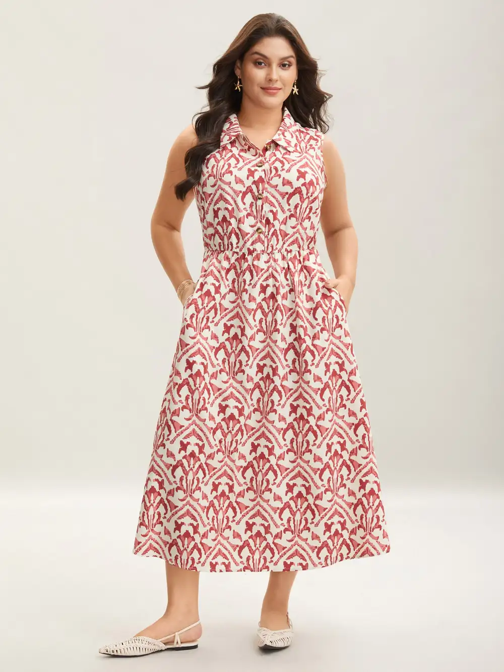 Spring Abstract Print Shirt Collar Midi Dress