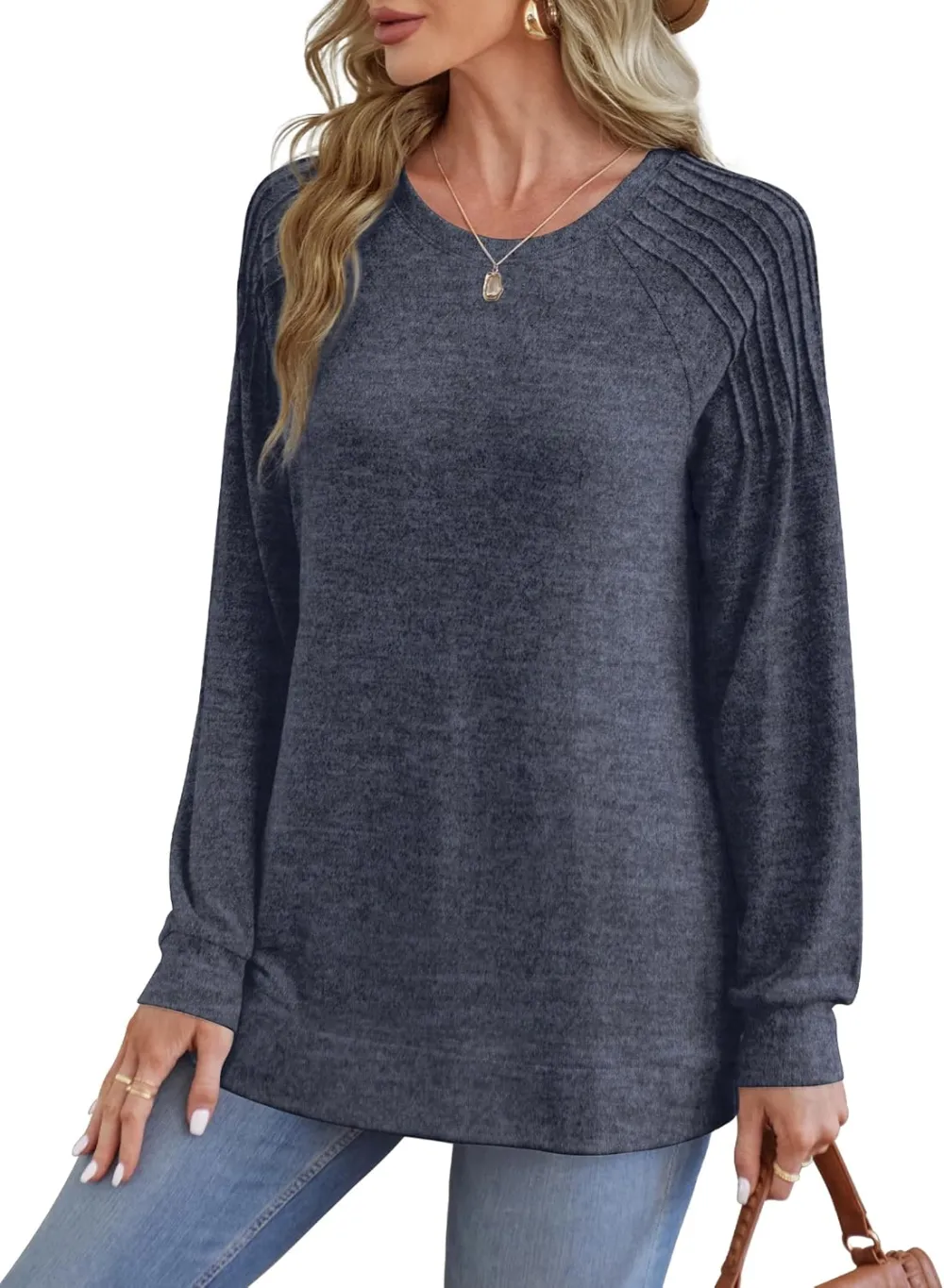 Sweatshirt for Women Crewneck Pleated Long Sleeve Shirts Tunic Tops Fashion 2024