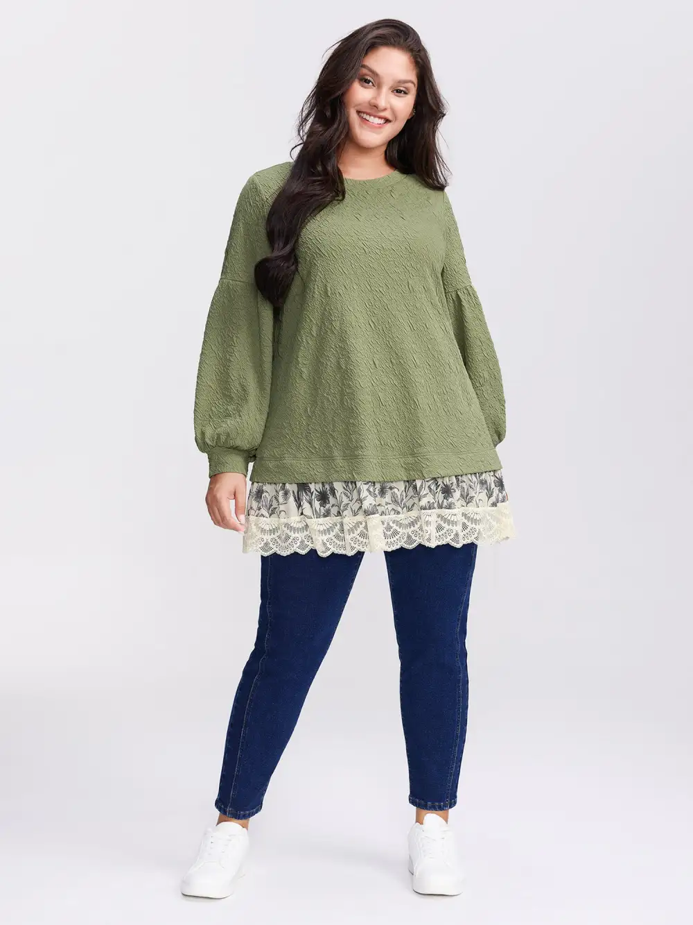 Textured Lace Layered Balloon Sleeve Sweatshirt