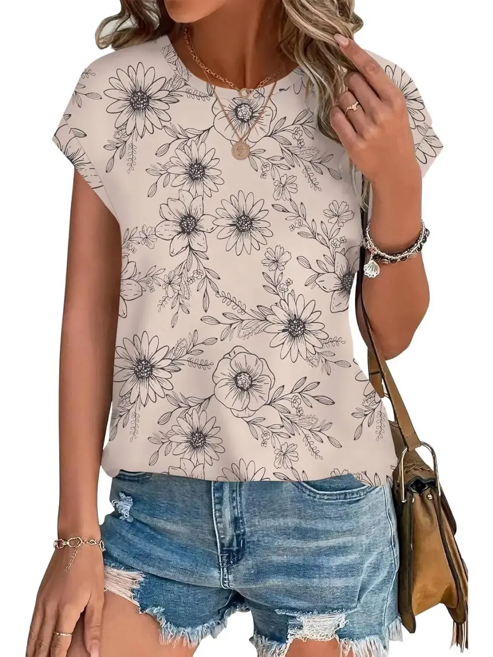 ✨Womens Printing Dressy Casual Cap Sleeve Tops with Curved Hem