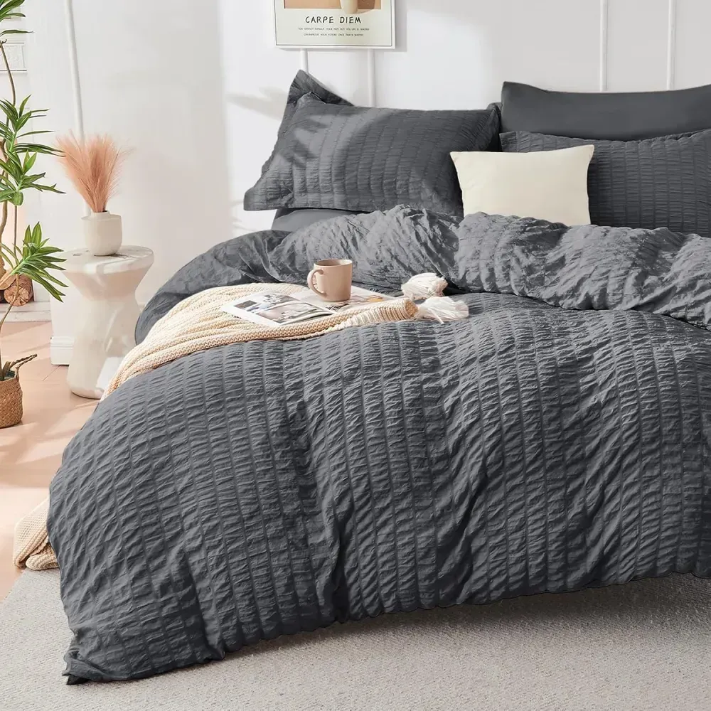 Queen Comforter Set Seersucker 7 Pieces, All Season Luxury Bed in a Bag for Bedroom, Bedding Set with Comforters, Sheets, Pillowcases & Shams, Dark Grey