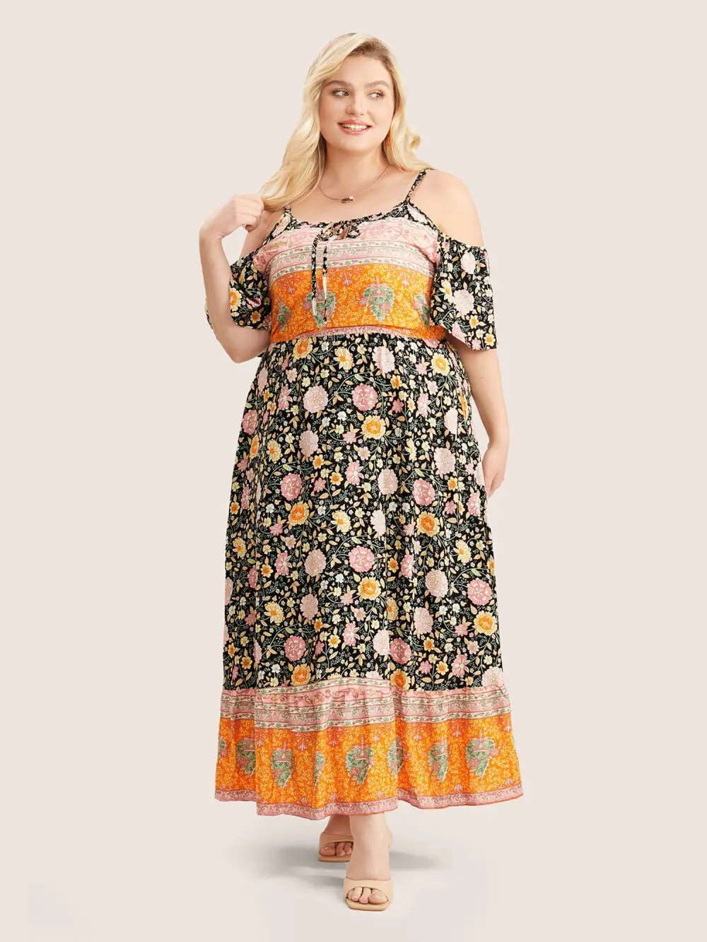 Floral Print Pocket Keyhole Ruffles Cold Shoulder Maxi Dress