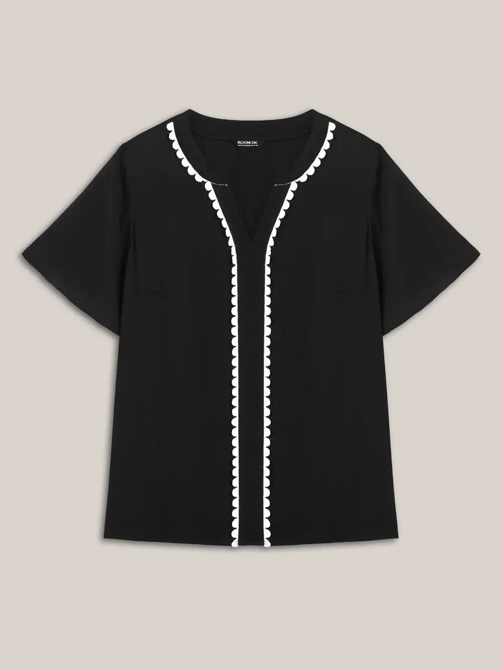 Lace Trim Notched Collar Solid Blouse