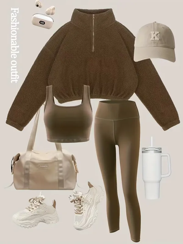 Women's solid color warm lining sportswear set