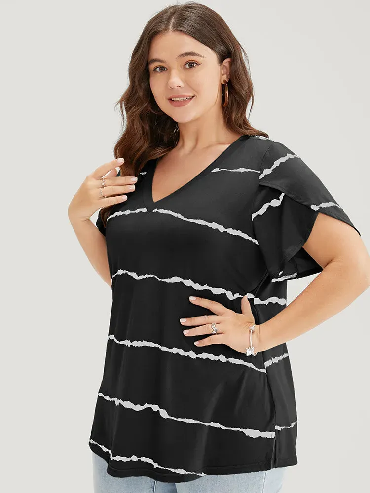 Striped Contrast Petal Sleeve T-shirt