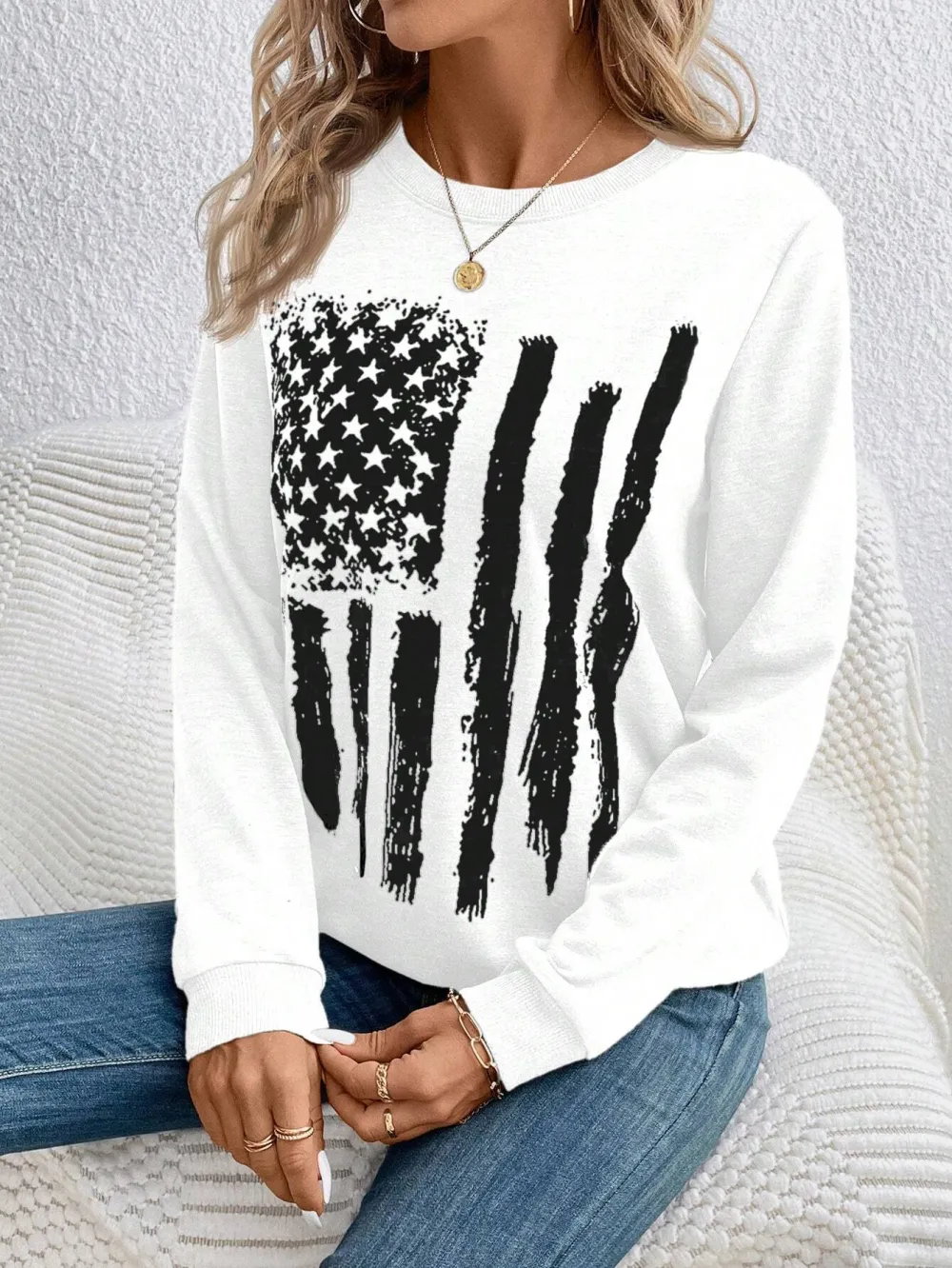 Women's Casual US Flag Print Loose Fit Round Neck Long Sleeve Sweatshirt, Spring Autumn