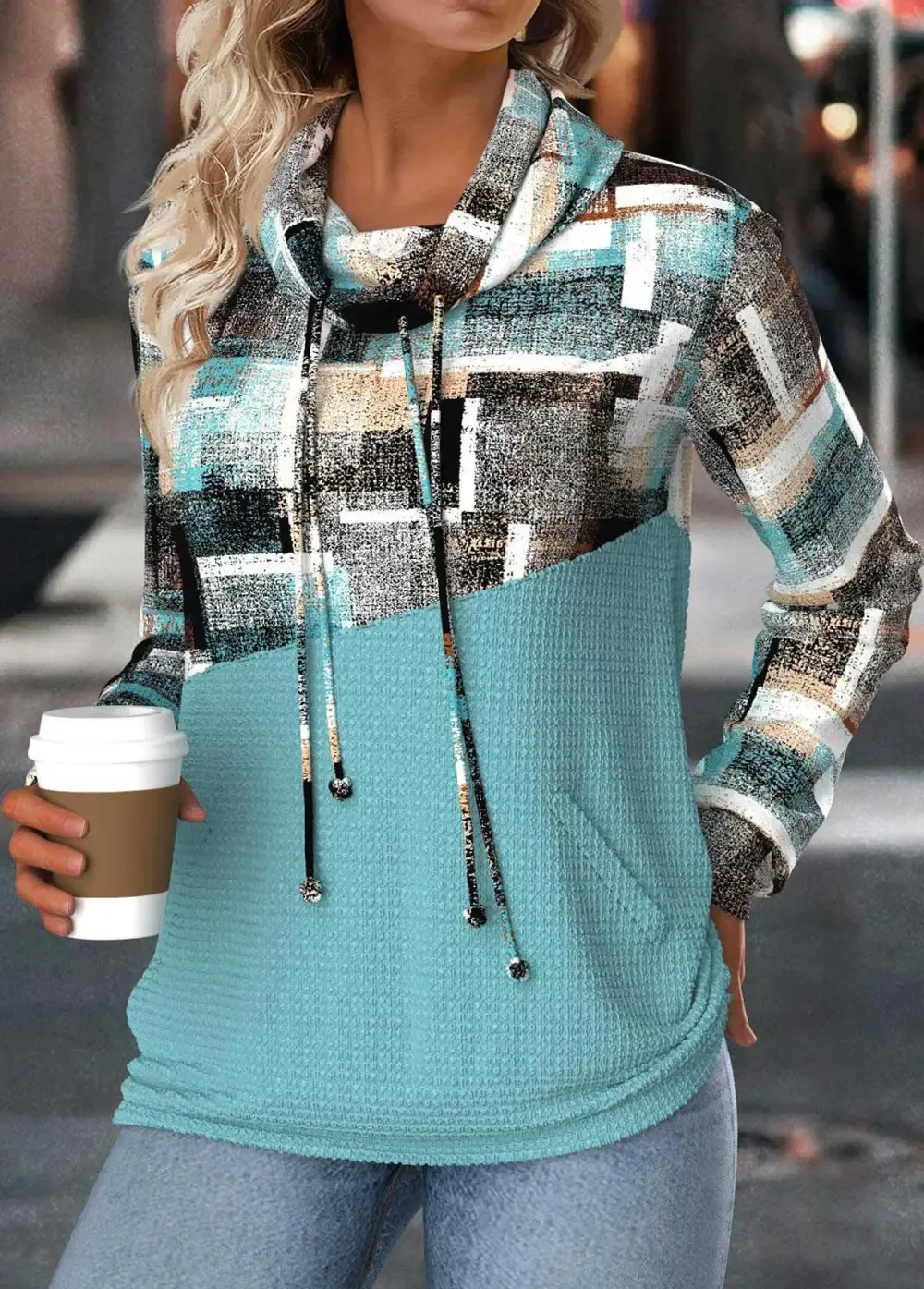 Mint Green Tummy Coverage Geometric Print Long Sleeve Sweatshirt