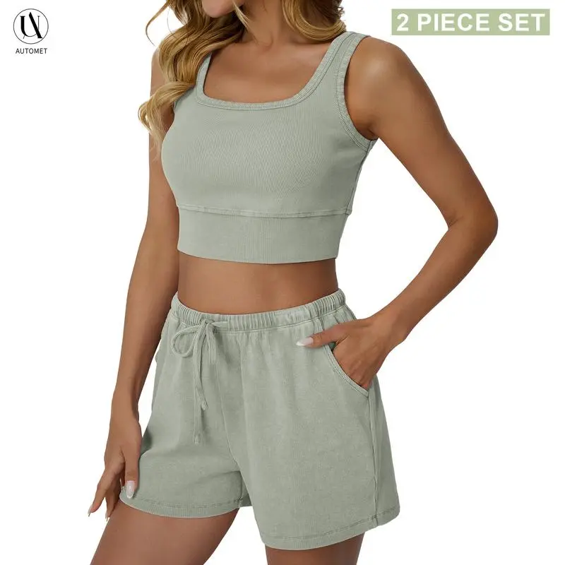 Women's Acid Wash Lounge Set – Tank Top & Shorts, Y2K Style, Easy Care No Detergent Needed