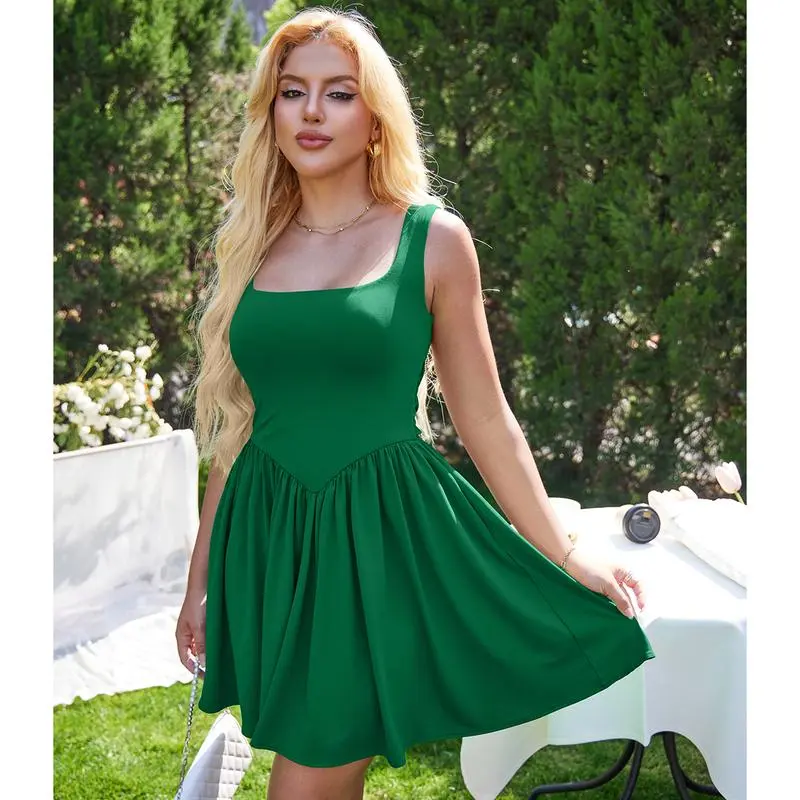 Women's Sleeveless A-Line Tank Dress – Square Neck, Ruffle Hem & Pockets for Summer