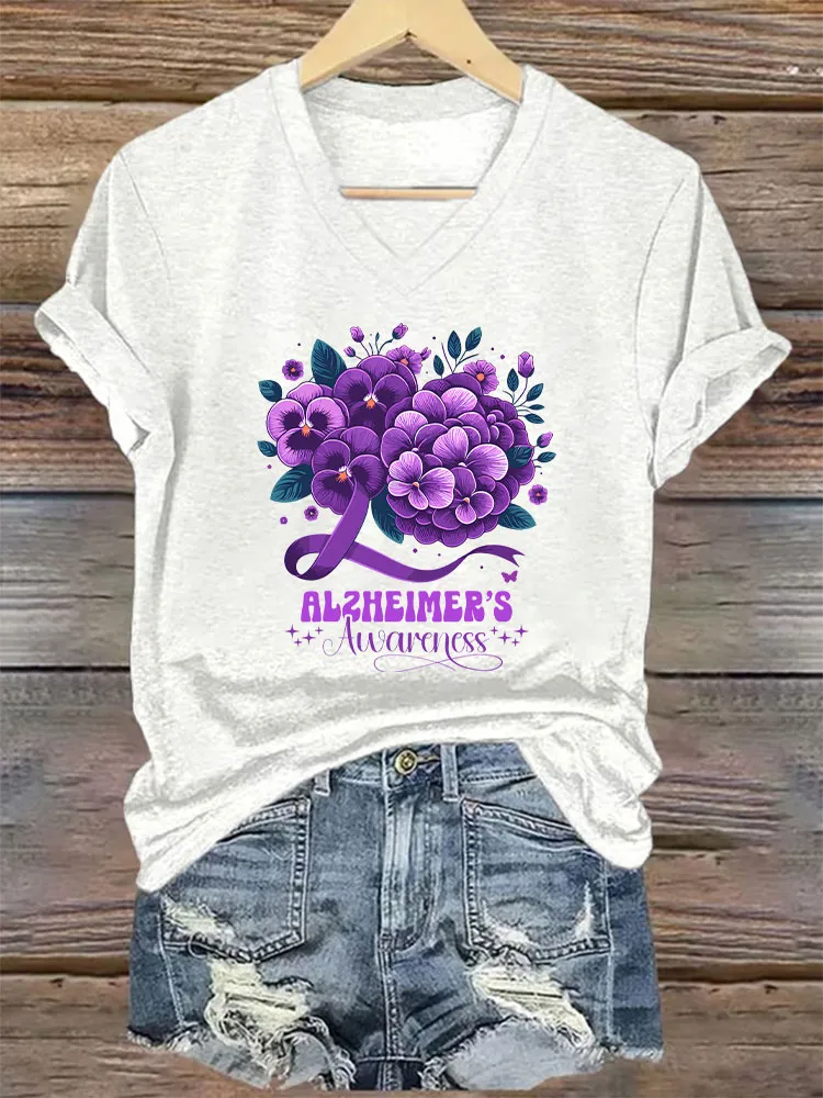 Women's Alzheimer's Print Casual V-Neck T-Shirt