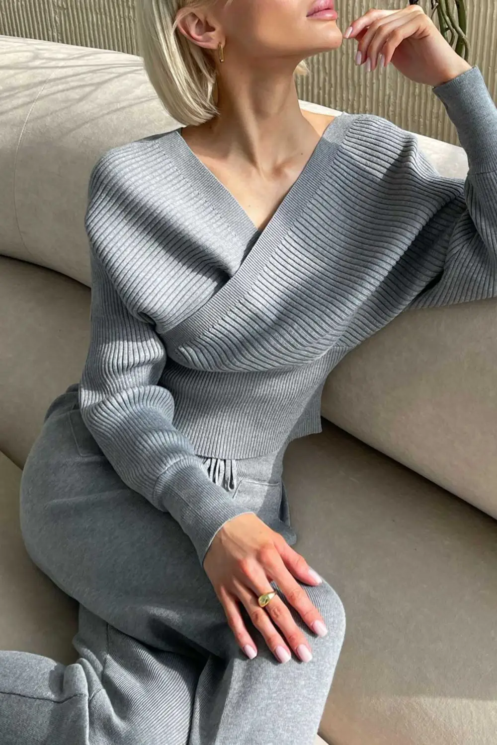 Dolman Sleeves Off Shoulder Ribbed Knit Sweater Pants Suits